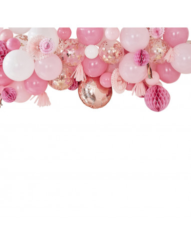 Arche de ballon rose : 70 ballons + rosaces et boules alvéolées
