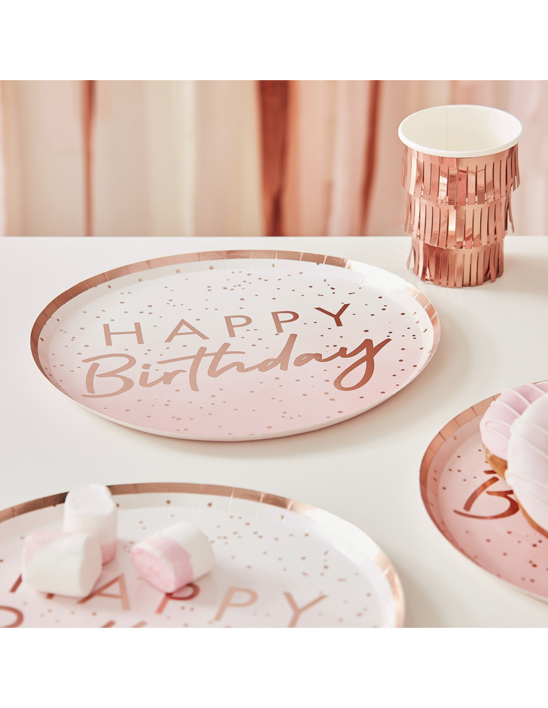 8 Assiettes Rondes Ombrées Happy Birthday Rose Gold - Les Bambetises
