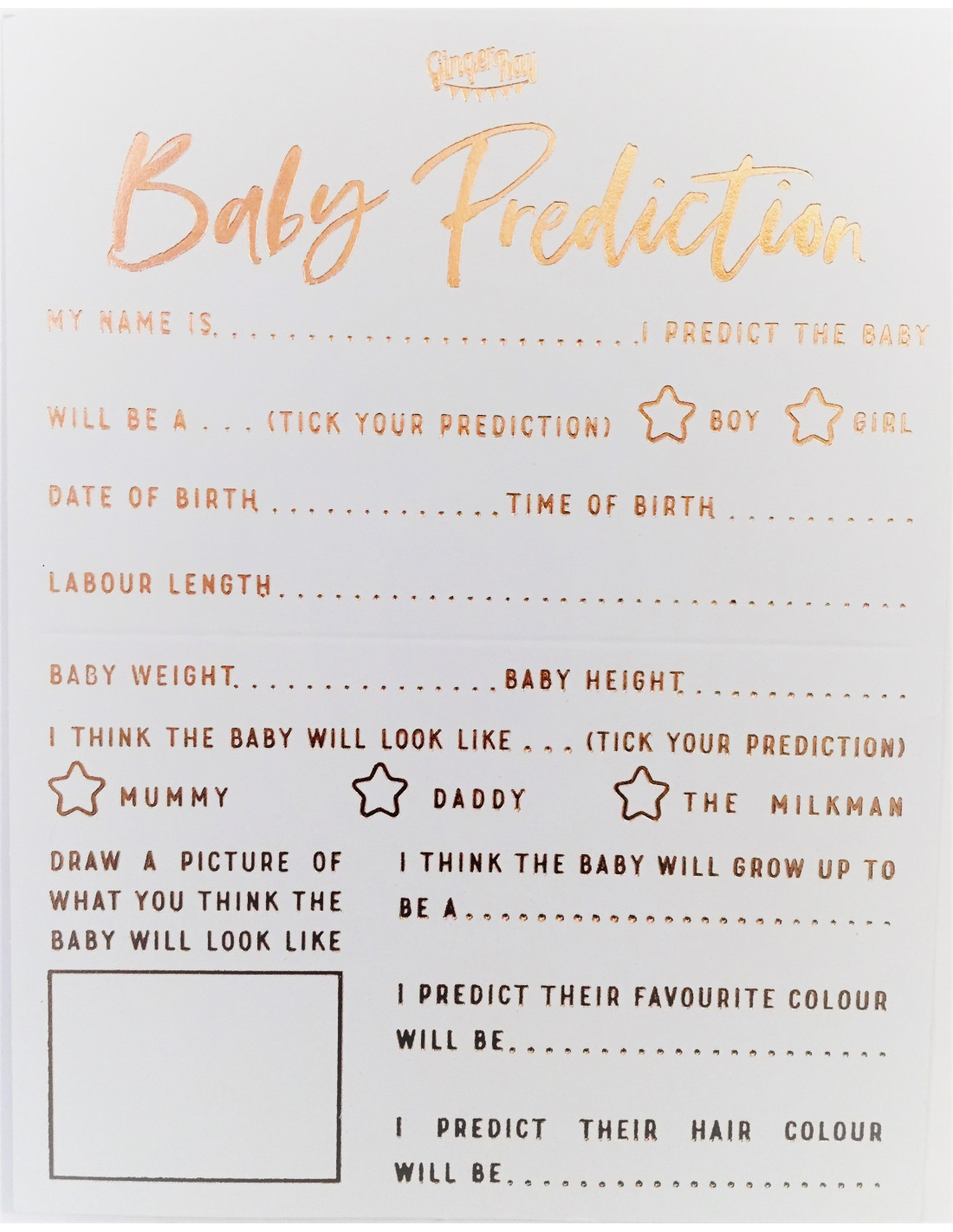 Carte pronostic baby shower en francais Kit 20 cartes. Jeu de