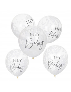 5 Ballons Confettis Blancs Ecriture Hey Baby