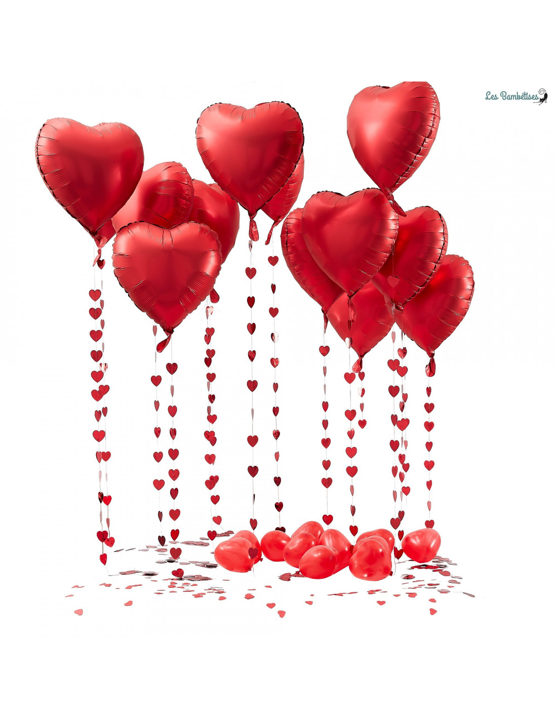 Kit 15 Ballons Coeurs Rouges, Guirlandes & Confettis - Les Bambetises