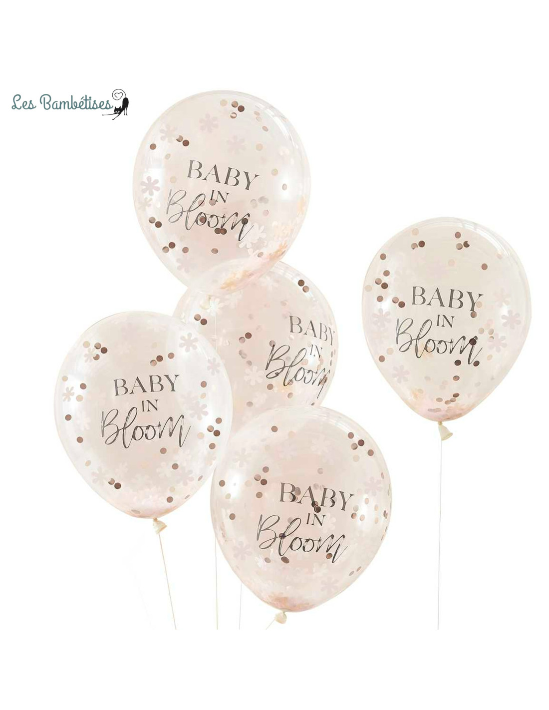 5 Ballons Confettis Fleurs Pastels, Rose Gold - Les Bambetises