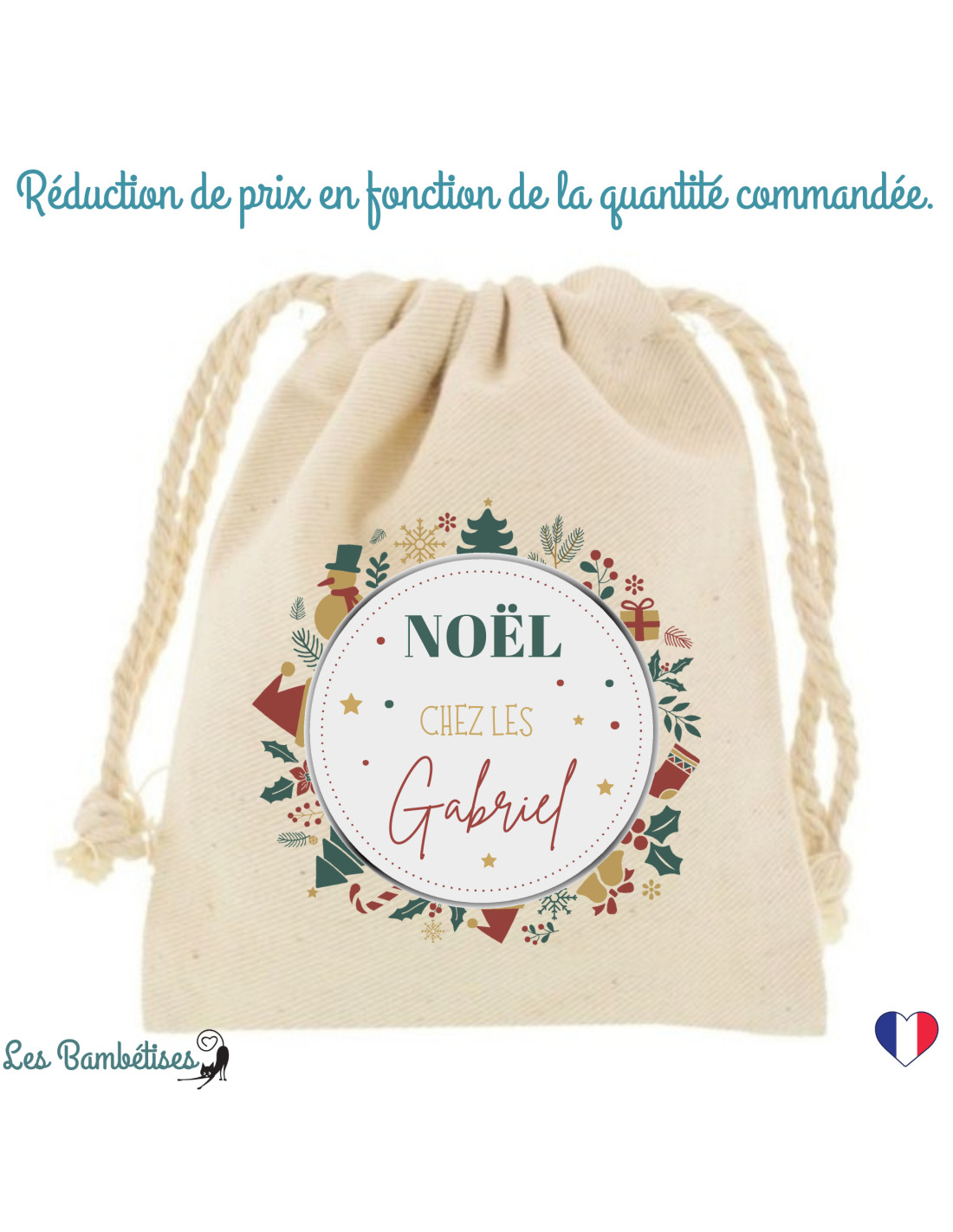 Pochon Cadeau Table Noël Personnalisé Couronne Nœud - Les Bambetises