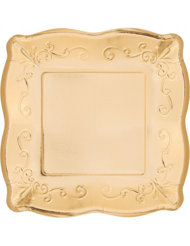 8 petites assiettes carrées dessin en relief dorées
