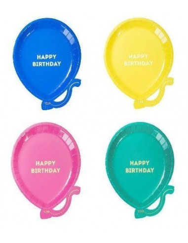 12 assiettes ballons en 4 couleurs écriture Happy Birthday dorée