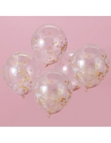 5 ballons transparents avec confettis étoiles pastels