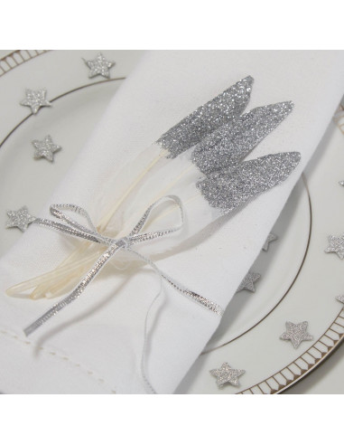 10 plumes blanches avec paillettes argent pour décoration table