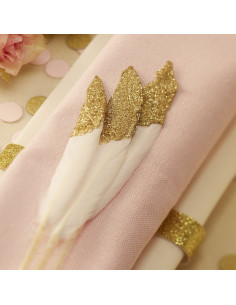 10 plumes blanches avec paillettes dorées pour décoration table