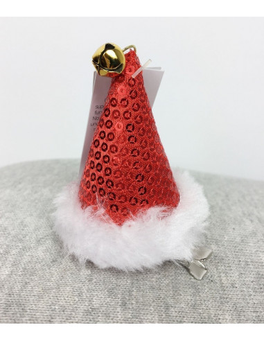 Barrette mini chapeau de père Noël sequins rouges fourrure blanche et clochette dorée