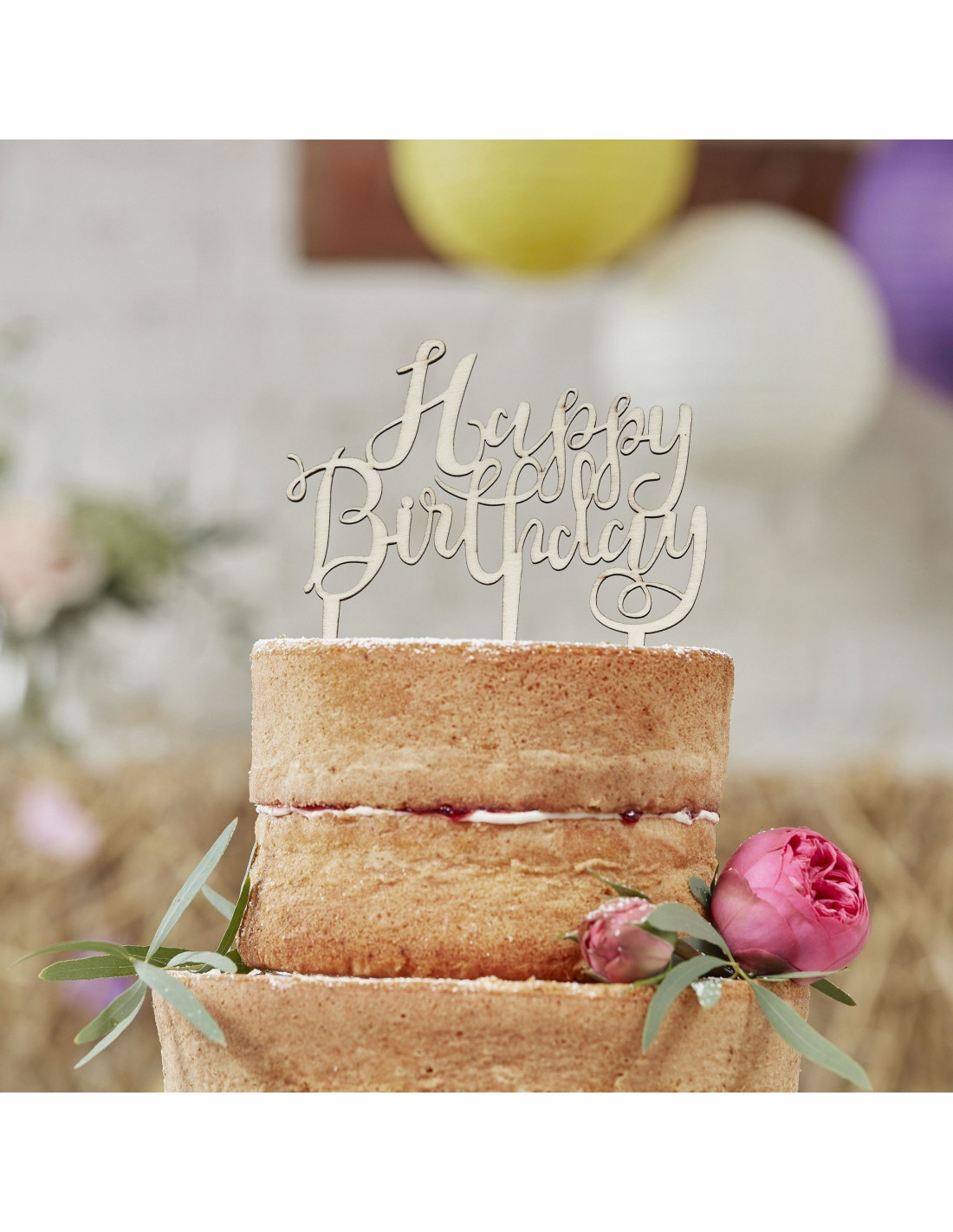 Cake topper Happy Birthday rond en bois - Gateau anniversaire