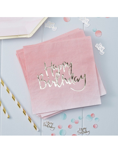20 serviettes dégradées roses "Happy birthday" métallique