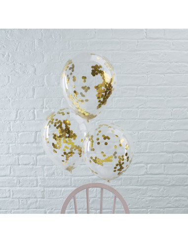 5 ballons transparents avec confettis dorés à l’intérieur