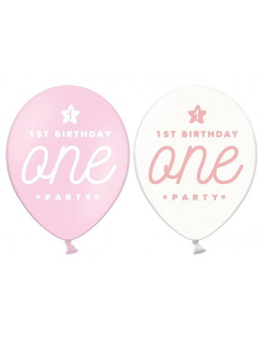 6-ballons-roses-et-transparents-ecriture-one-deco-anniversaire-1-an-fille