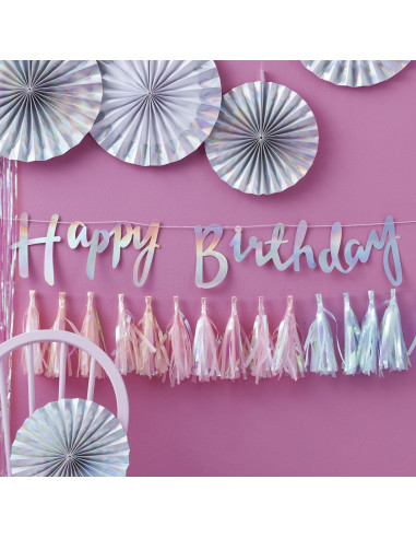 Guirlande "Happy Birthday " irisée argent multicolore