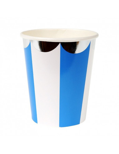 8 gobelets rayés bleu et blanc avec bordure argent Meri Meri