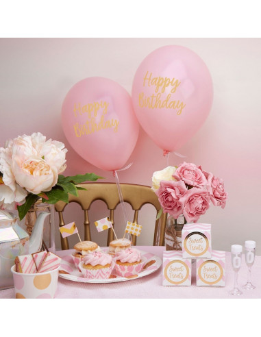 8 ballons roses écriture "Happy Birthday"