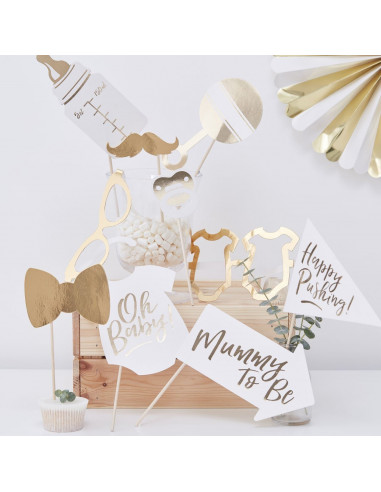 Kit photobooth blanc et or pour baby shower