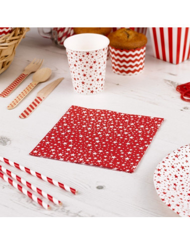 20 serviettes en papier fond rouge étoiles blanches