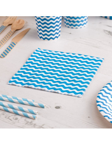 20 serviettes en papier fond blanc vague bleu turquoise