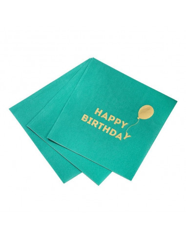 16 petites serviettes vertes écriture "Happy birthday" avec ballon doré