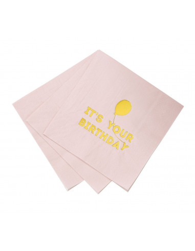 16 grandes serviettes rose pastel avec écriture "Happy Birthday" et ballon