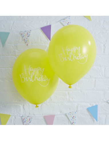 10 ballons gonflables jaune vif avec écriture blanche "Happy Birthday"