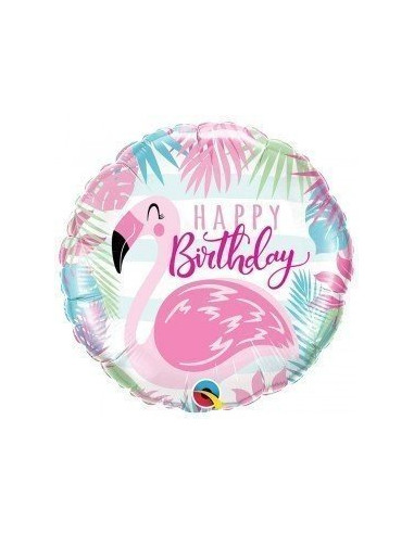 Ballon métallique rond flamant rose Happy Birthday