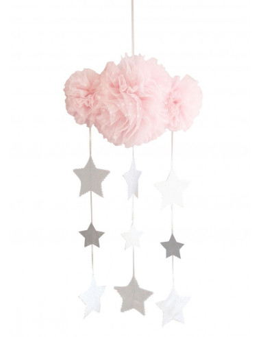 Mobile nuage en tulle plumetis rose pastel avec étoiles argent
